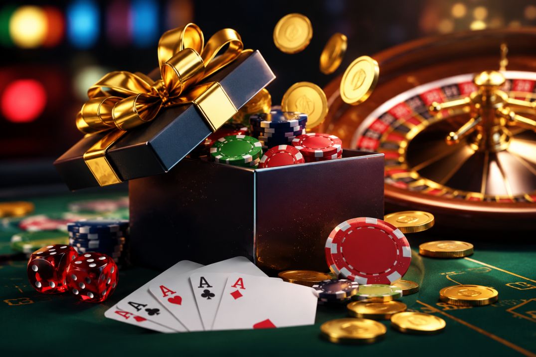 A gift box overflowing with poker chips and playing cards set on a casino table with a roulette wheel in the background.